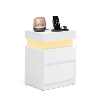 Kailyn Colección - Mesita de noche con enchufes cajones y luz LED, Blanco Nieve / Juego de 1