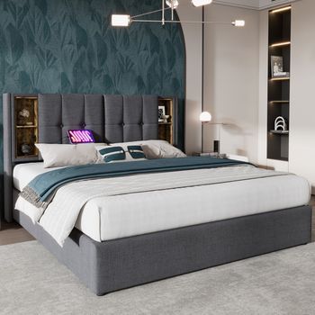 Cama Doble Tapizada Con Usb C Y Almacenamiento, Somier De Madera, Tela De Algodón Gris, 140x200 Cm
