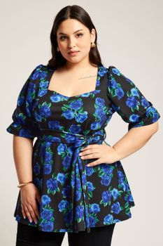 Yours London Top Peplum Negro Y Azul De Flores, Mujer Curvy Y Tallas Grandes, Yours London