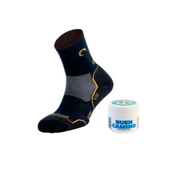 Pack Camino Santiago calcetines Camino Four + Crema antifricción SIXPRO (15 ml) - Talla L + Bote 15 ml, Azul Marino/Amarillo
