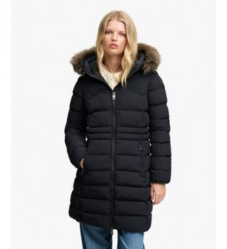 Superdry para mujer. W5012185A Chaqueta Media Fuji con Pelo Sintético y Capucha negro (L), Casual, Poliéster