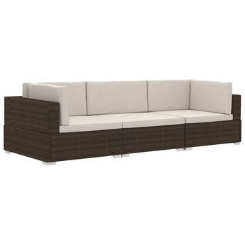 Set Sofás De Jardín 3 Piezas Y Cojines Ratán Sintético Marrón