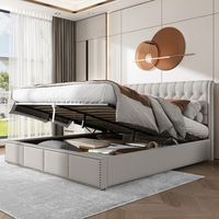 cama contenedor con cabecero - 160 x 200 cm - lino y algodon - somier de laminas - estilo contemporaneo - gris blanco