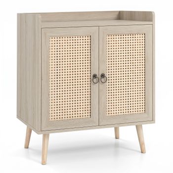 Costway Armario de Almacenaje con Doble Puerta de Rattan Estante Regulable Patas de Madera Maciza para Salón y Entrada 67 x 38 x 77 cm Color Natural de Madera