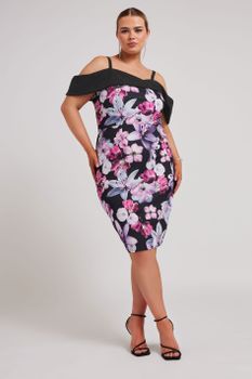 Yours London Vestido Bardot Negro Y Rosa De Flores, Mujer Curvy Y Tallas Grandes, Yours London