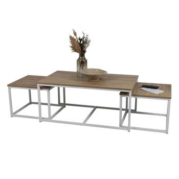 Conjunto De 3 Mesas Auxiliares Cuadradas Anidadas Colección Pueblo – Estilo Industrial En Colores Roble Y Blanco