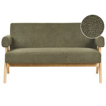 Sofá 2 Plazas Retro Salón Tapizado De Bouclé Patas De Madera Verde Y Marrón Claro Tamre