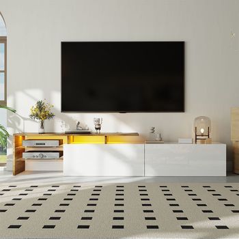 Sweiko Mueble Tv Elegante Espacio De Almacenamiento Acabado Blanco Brillante Con Aspecto De Madera Estantes De Cristal Iluminación Led