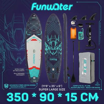 Tabla de paddle surf inflable Funwater Supfw50B, 350 x 90 x 15 cm, tabla de surf para adultos y jóvenes, capacidad de carga de 200 kg, con remo, 3 aletas, cuerda de seguridad, bolsa impermeable de 10