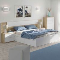 habitacion matrimonio completa color roble y blanco estilo nordico cama  cabecero  2 mesitas  comoda