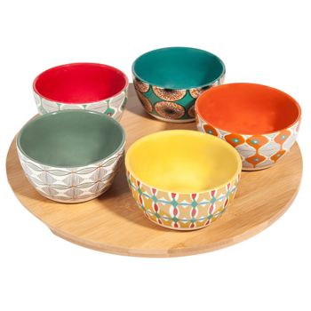 Set de 5 cuencos para aperitivos de cerámica multicolor con bandeja
