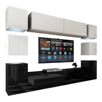 Conjunto De Muebles De Sala Colgantes Bajos En Negro, Altos En Blanco Colección Cepto Xiv. 256cm, 10 Muebles, Leds.