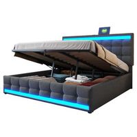 cama tapizada 180x200 con luces led puertos usb y almacenaje lino gris