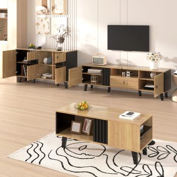 Mueble tv con puertas y cajón efecto madera 170cm, natural
