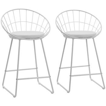 Pack De 2 Taburetes De Bar De 65 Cm En Metal Blanco Y Cojín Blanco Alex