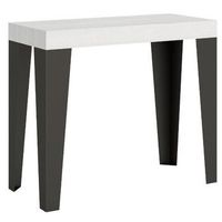 consola extensible diseno flavio en madera y hierro 90x40196 o 90x40300 cm-color blanco-soporte 2 pies-3 alargaderas finas