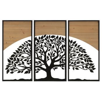 Juego De 3 Paneles Decorativos 3d De Metal Negro Y Madera 105x2x70 Cm