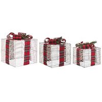 conjunto de 3 decoraciones regalos de navidad con lazos luces led blancas calidas acabado brillante para interior blanco crema mangen