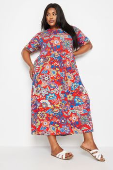 Yours Vestido Midi Rojo De Flores, Mujer Curvy Y Tallas Grandes, Yours