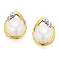 9ct Gold Freshwater Pearl And Diamond Earrings - 9mm - G0615