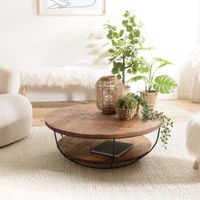 mesa de centro de 2 tableros de teca reciclada y metal negro d100