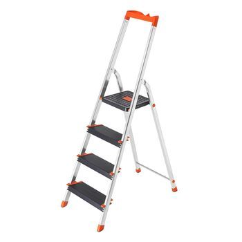 Escalera De Aluminio 4 Peldaños Herramientas Plegable 150 Kg - Negro Y Naranja