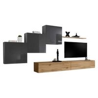 conjunto de muebles de salon mural switch x diseno color roble wotan y gris brillante