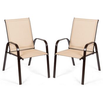 Costway Juego de 2 Sillas de Comedor con Reposabrazos Curvos Tela Fácil de Secar Marco de Metal Reforzado Asiento Ancho para Piscina