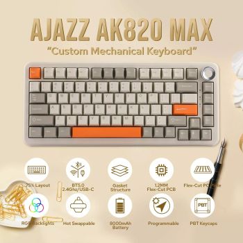 Teclado Mecánico para Juegos AJAZZ AK820 MAX PLUS, Intercambiable en Caliente, Batería de 8000 mAh, Teclas PBT Programables, Bluetooth 5.0 / Inalámbrico