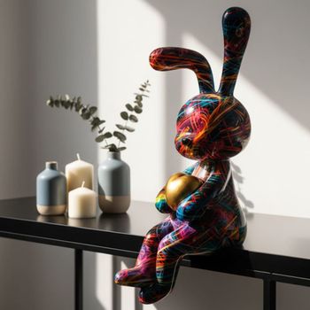 Escultura de resina multicolor con forma de conejo, 8x10x23 cm