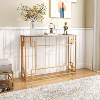Mesa Consola Con Estructura De Mármol Y Metal Geométrico, Mesa De Entrada Estrecha Blanco 81 Cm