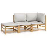 conjunto de muebles de jardin 3 uds  mesa y sillas bambu y cojines gris claro
