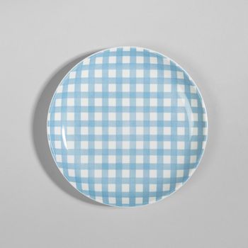 Plato de postre de gres con cuadros vichy azul