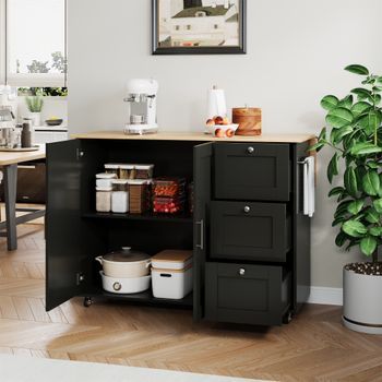Isla De Cocina Con Ruedas, Encimera Plegable, 135 X 70 X 90 Cm, 3 Cajones