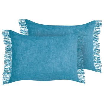 Conjunto De 2 Cojines Rectangulares Con Flecos 35 X 50 Cm Azul Maba
