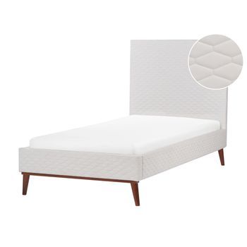 Cama Con Somier Cabecero Panal Acolchado Diseño Moderno Tapizado De Terciopelo Blanco Crema 90 X 200 Cm Bayonne
