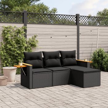 Conjunto De Sofás Jardín 4 Uds | Mueble Jardin Mesa Y Sillas Con Cojines Ratán Sintético Negro Cfw739396