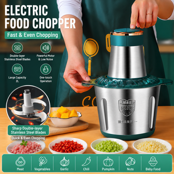 Picadora de carne eléctrica de 250W, picadora de alimentos de acero inoxidable de 2L, picadora de carne para cocina, procesador de verduras con doble cuchilla y 2 velocidades