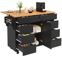 isla de cocina moderna negra carrito de cocina con ruedas y encimera extensible carro de servir con especiero y 8 cajones mdf 122x745x915 cm
