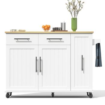 Carrito De Cocina Con Tablero Extensible, Isla De Cocina Blanca Con Ruedas Para Comedor, 120x40x90 Cm, Madera, Blanco