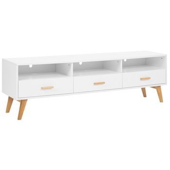 Mueble Tv Blanco Con Madera Clara 55 X 180 X 40 Cm Con Estantes Y Cajones