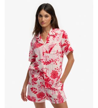 Superdry para mujer. W4010586A Camisa Beach Printed rojo (M), Casual, Algodón, Manga corta
