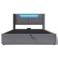 cama con canape 140x200cm tapizada en tela de lino con led y puertos de carga con somier gris