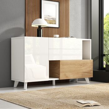 Aparador - Mueble De Salón - Tablero De Partículas - Blanco Brillo Y Roble (130x40x70cm)