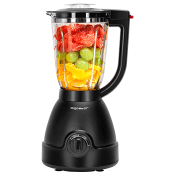 Aigostar Herman - Batidora de vaso de 1000W, vaso de cristal de 1,5L. Cuchillas de 6 hojas con diseño 3D de acero inoxidable de tipo 304. Función P, 2 velocidades, 23000rpm, pica hielo. Libre de BPA