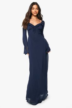 Chiffon Plunge Ruffle Maxi Dress, Navy
