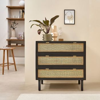 Cómoda de mango macizo y rejilla negra de 90 cm