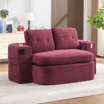 Sofá Cama Individual 2-en-1 De Tela Pana, Convertible Con Brazos Ajustables, 2 Portavasos, Respaldo Alto Y Asiento Extra Profundo, Rojo Vino