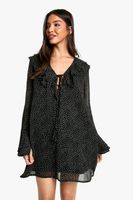 vestido mini recto de lunares con volante negro