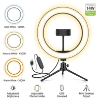 aro de luz led 14w con tripode de mesa y soporte para movil  3 modos de luz brillo regulable usb 5v mini ring light para streaming tiktok maquillaje y videollamadas